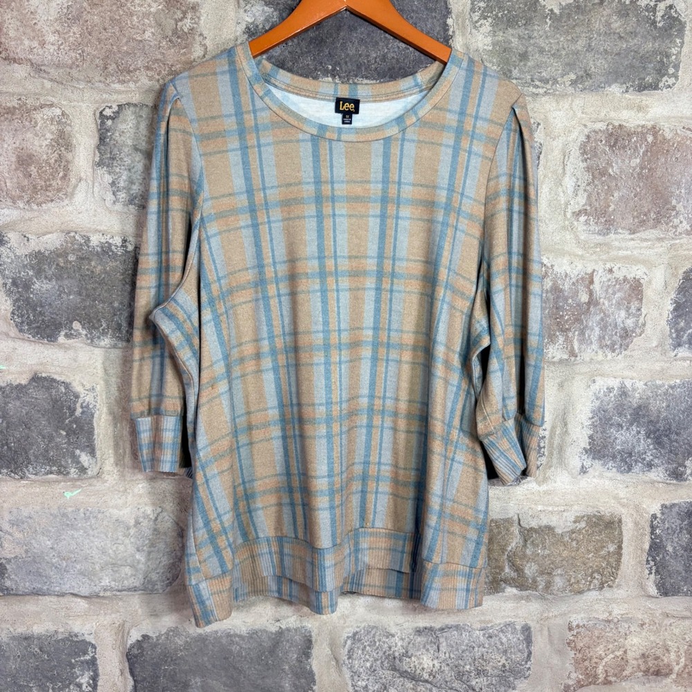 Lee Women's Plaid 3/4 Sleeve Knit Top Tan Blue Plus Size 1X Casual Softcore